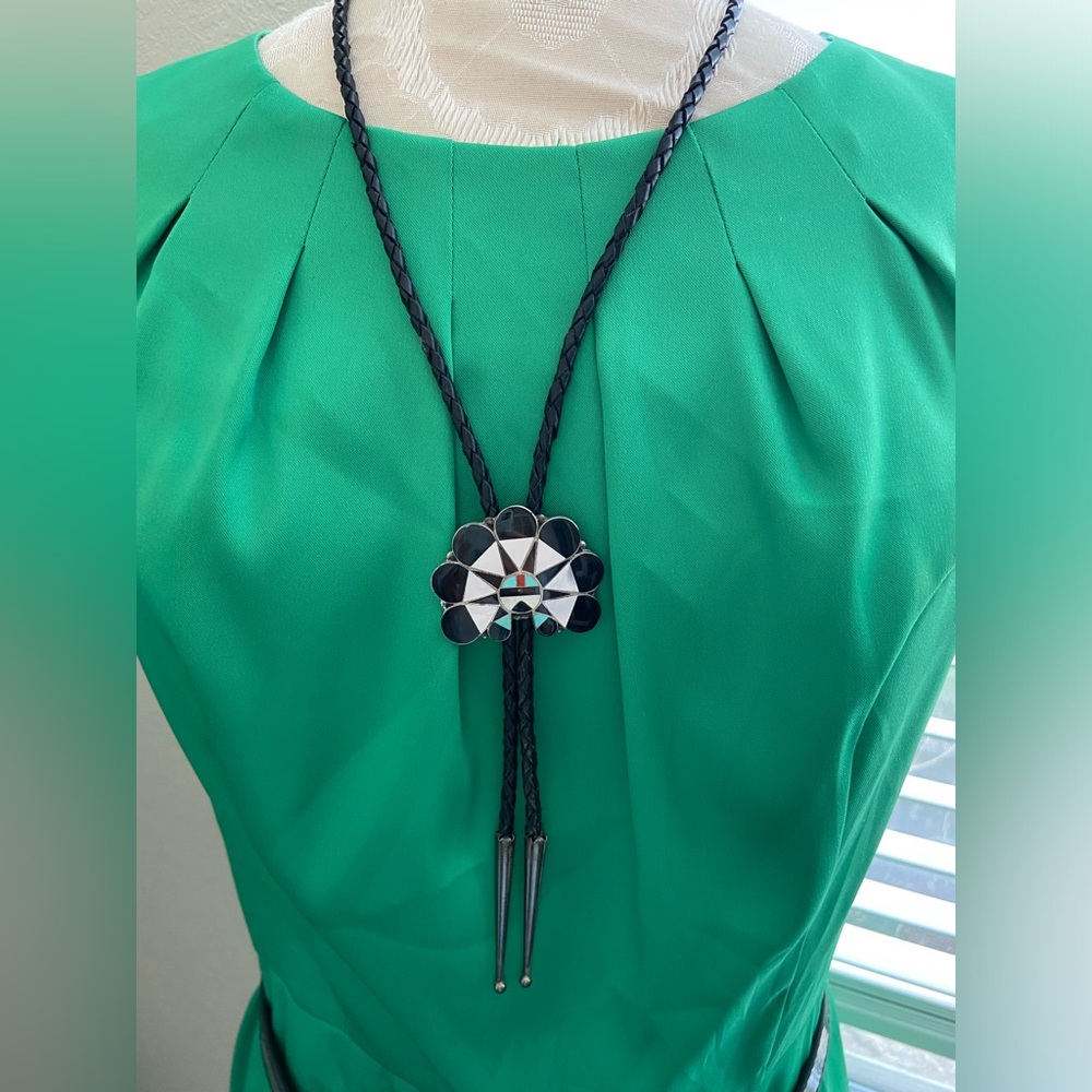 Black Bolo Tie Necklace with Geometric Inlay Pendant